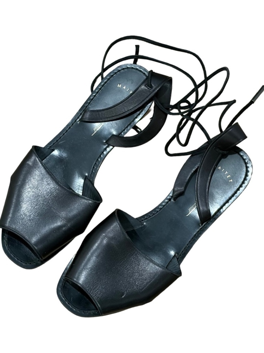 Maiyet BLACK LEATHER Flat SANDALS Tie Up Ankle  Size 38 US 7.5